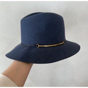 $337 Janessa Leone Women's Navy Blue 100% Wool Floppy Brim Fedora Medium M Hat